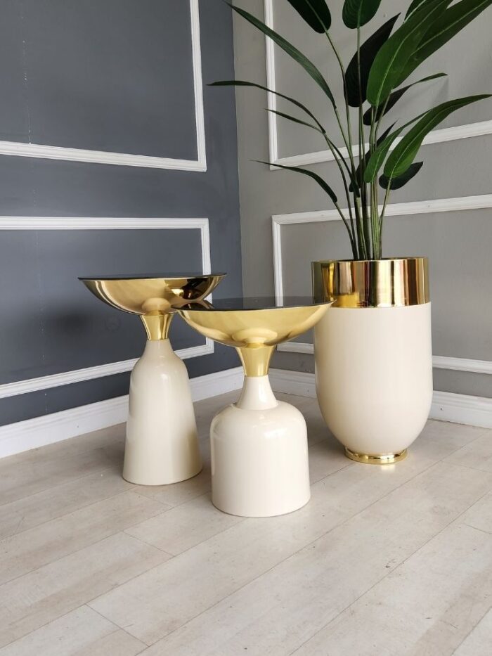 Lotus Yan Sehpa İkili Takım - Krem & Gold - Görsel 3