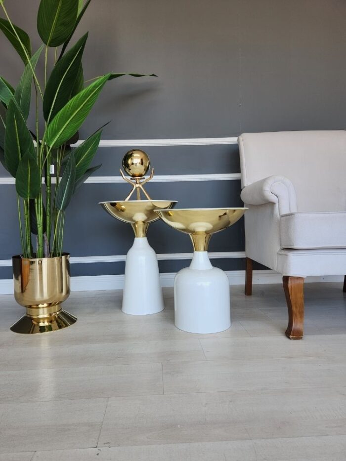 Lotus Yan Sehpa İkili Takım - Beyaz & Gold - Görsel 3