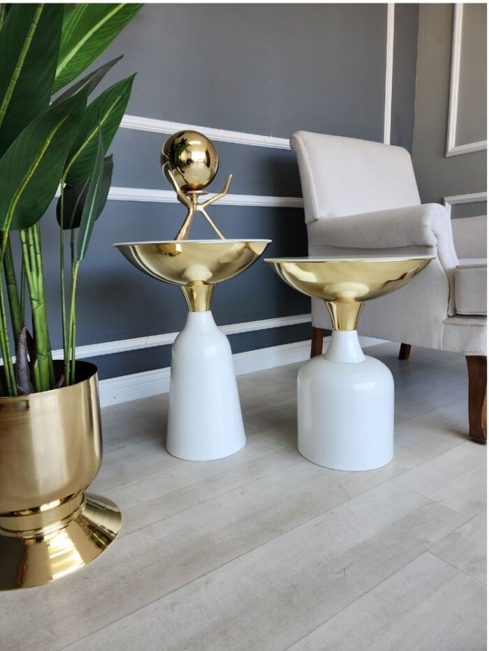 Lotus Yan Sehpa İkili Takım - Beyaz & Gold - Görsel 5