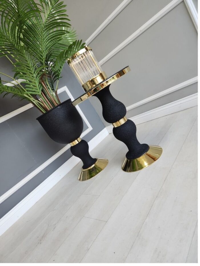 Mimoza Yan Sehpa Tekli - Pütürlü Siyah & Gold - Görsel 5